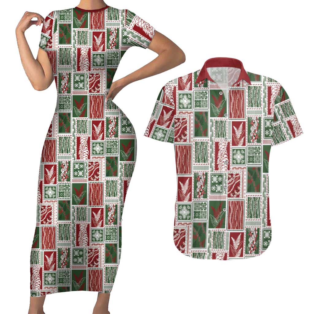 Mele Kalikimaka Hawaiian Quilt and Lei Patchwork Couples Matching Short Sleeve Bodycon Dress and Hawaiian Shirt - Polynesian Pride