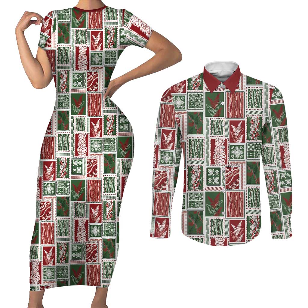 Mele Kalikimaka Hawaiian Quilt and Lei Patchwork Couples Matching Short Sleeve Bodycon Dress and Long Sleeve Button Shirt - Polynesian Pride