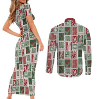 Mele Kalikimaka Hawaiian Quilt and Lei Patchwork Couples Matching Short Sleeve Bodycon Dress and Long Sleeve Button Shirt - Polynesian Pride