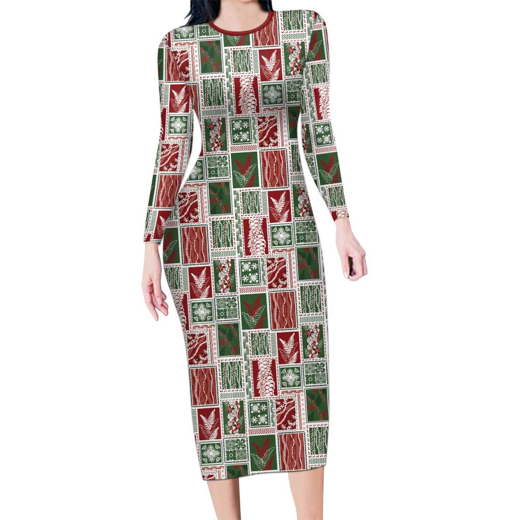 Mele Kalikimaka Hawaiian Quilt and Lei Patchwork Family Matching Long Sleeve Bodycon Dress and Hawaiian Shirt LT9 Mom's Dress Red - Polynesian Pride