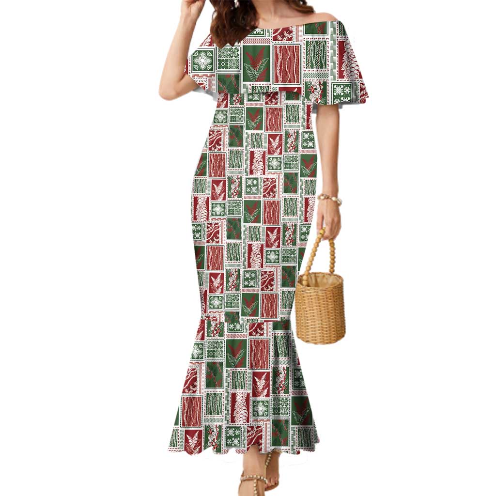 Mele Kalikimaka Hawaiian Quilt and Lei Patchwork Family Matching Mermaid Dress and Hawaiian Shirt LT9 Mom's Dress Red - Polynesian Pride