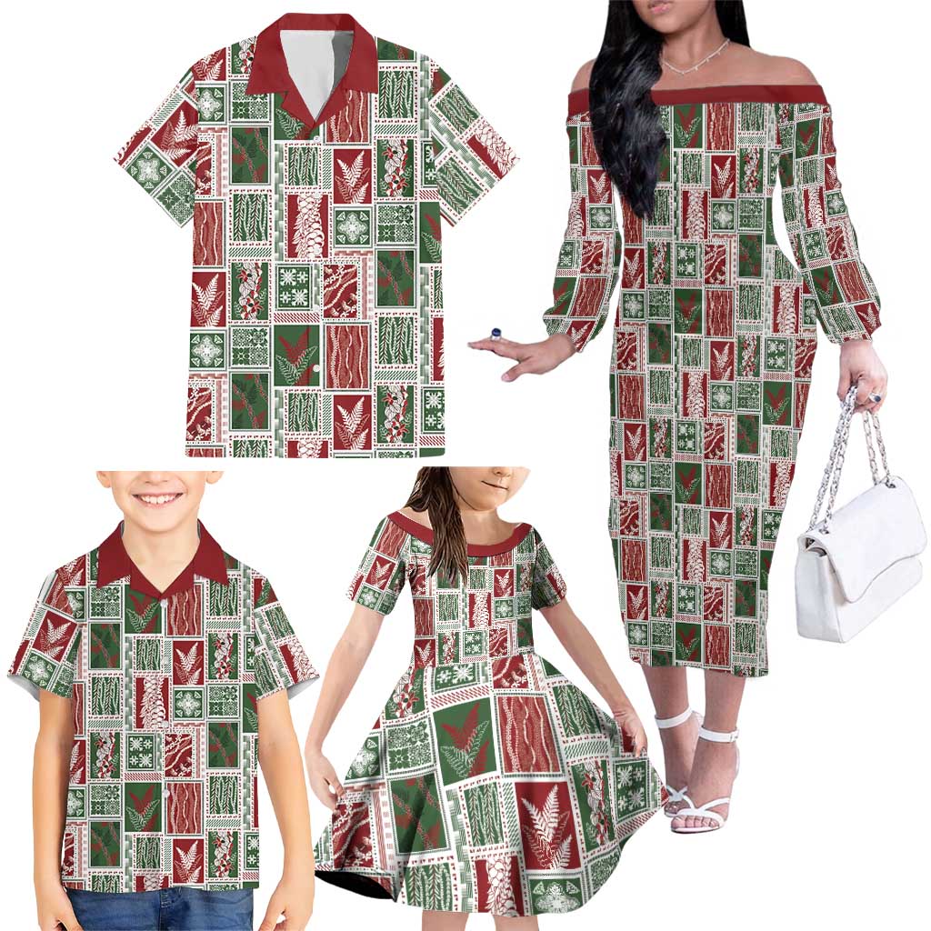 Mele Kalikimaka Hawaiian Quilt and Lei Patchwork Family Matching Off The Shoulder Long Sleeve Dress and Hawaiian Shirt - Polynesian Pride