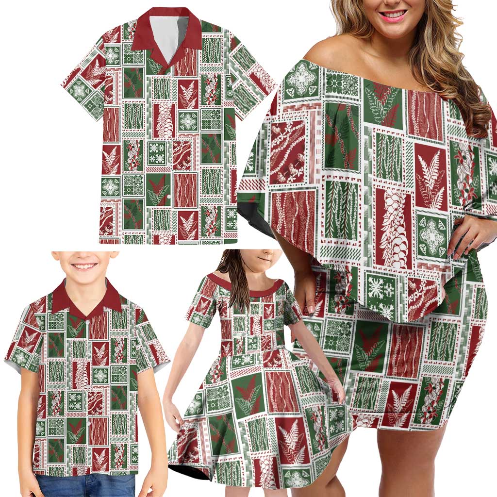 Mele Kalikimaka Hawaiian Quilt and Lei Patchwork Family Matching Off Shoulder Short Dress and Hawaiian Shirt - Polynesian Pride