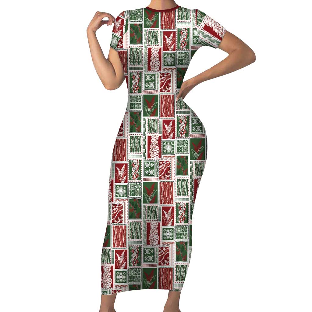 Mele Kalikimaka Hawaiian Quilt and Lei Patchwork Family Matching Short Sleeve Bodycon Dress and Hawaiian Shirt LT9 Mom's Dress Red - Polynesian Pride