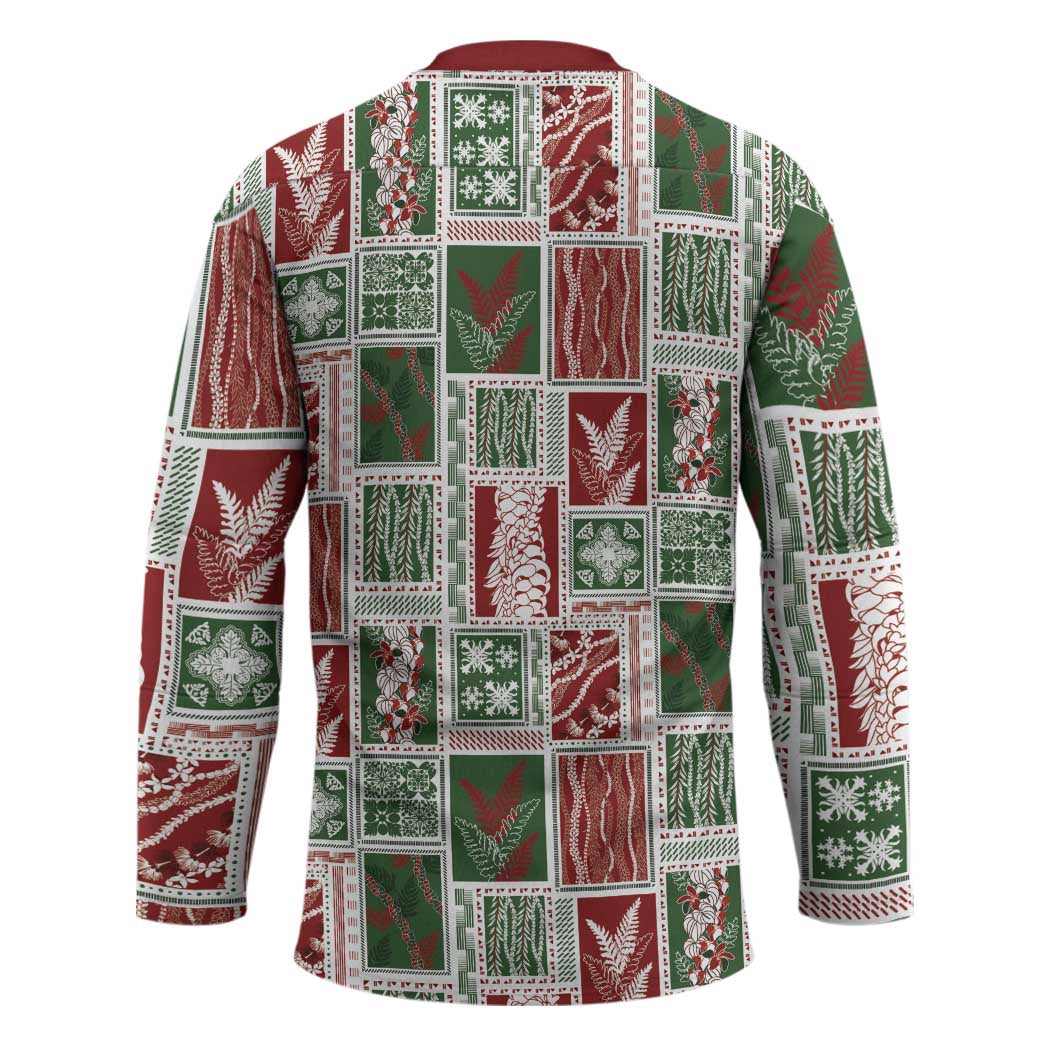Mele Kalikimaka Hawaiian Quilt and Lei Patchwork Hockey Jersey - Polynesian Pride