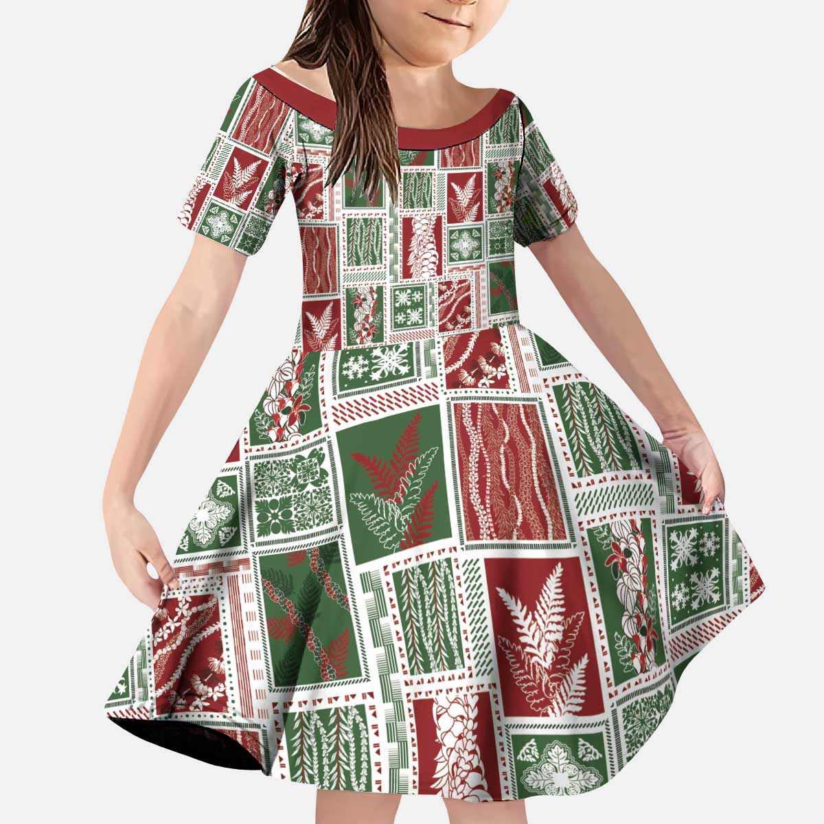 Mele Kalikimaka Hawaiian Quilt and Lei Patchwork Kid Short Sleeve Dress - Polynesian Pride