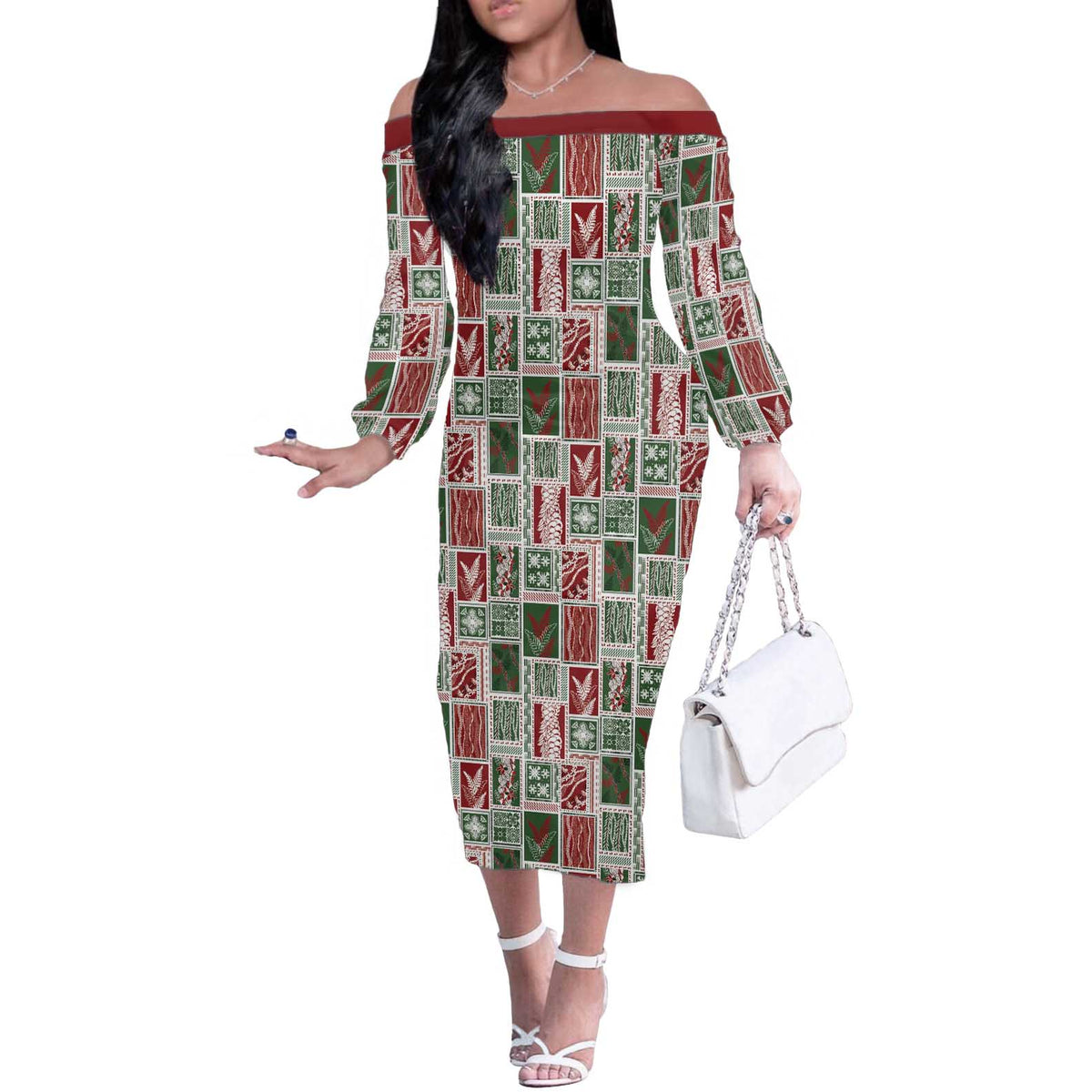 Mele Kalikimaka Hawaiian Quilt and Lei Patchwork Off The Shoulder Long Sleeve Dress LT9 Women Red - Polynesian Pride