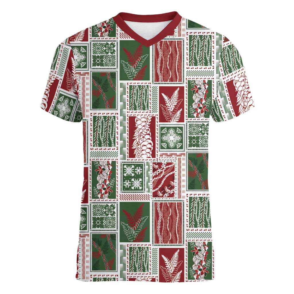Mele Kalikimaka Hawaiian Quilt and Lei Patchwork Women V-Neck T-Shirt - Polynesian Pride
