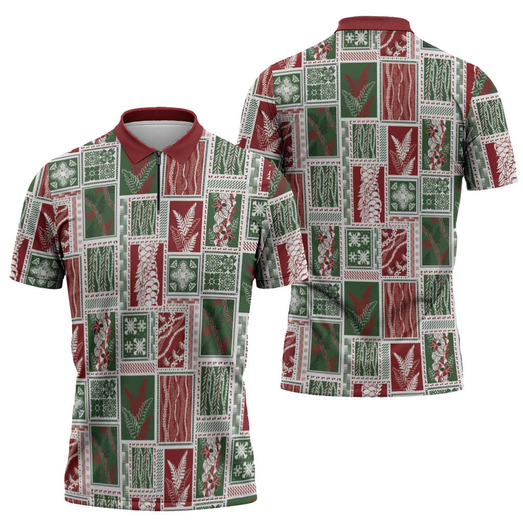 Mele Kalikimaka Hawaiian Quilt and Lei Patchwork Zipper Polo Shirt - Polynesian Pride