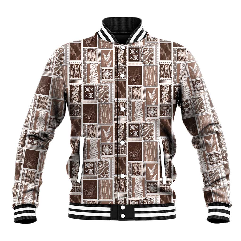 Vintage Aloha Block Quilt Baseball Jacket Beige Inspired Lei Motifs - Polynesian Pride