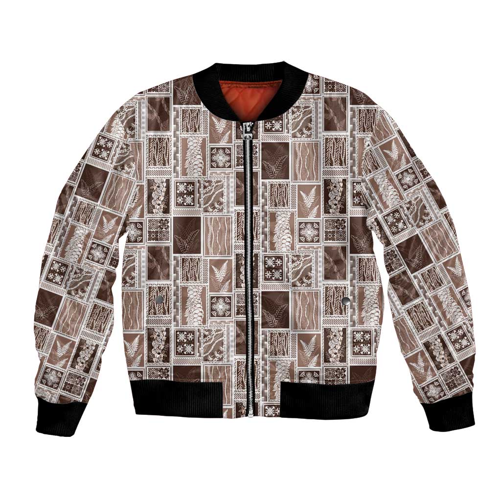 Vintage Aloha Block Quilt Bomber Jacket Beige Inspired Lei Motifs - Polynesian Pride