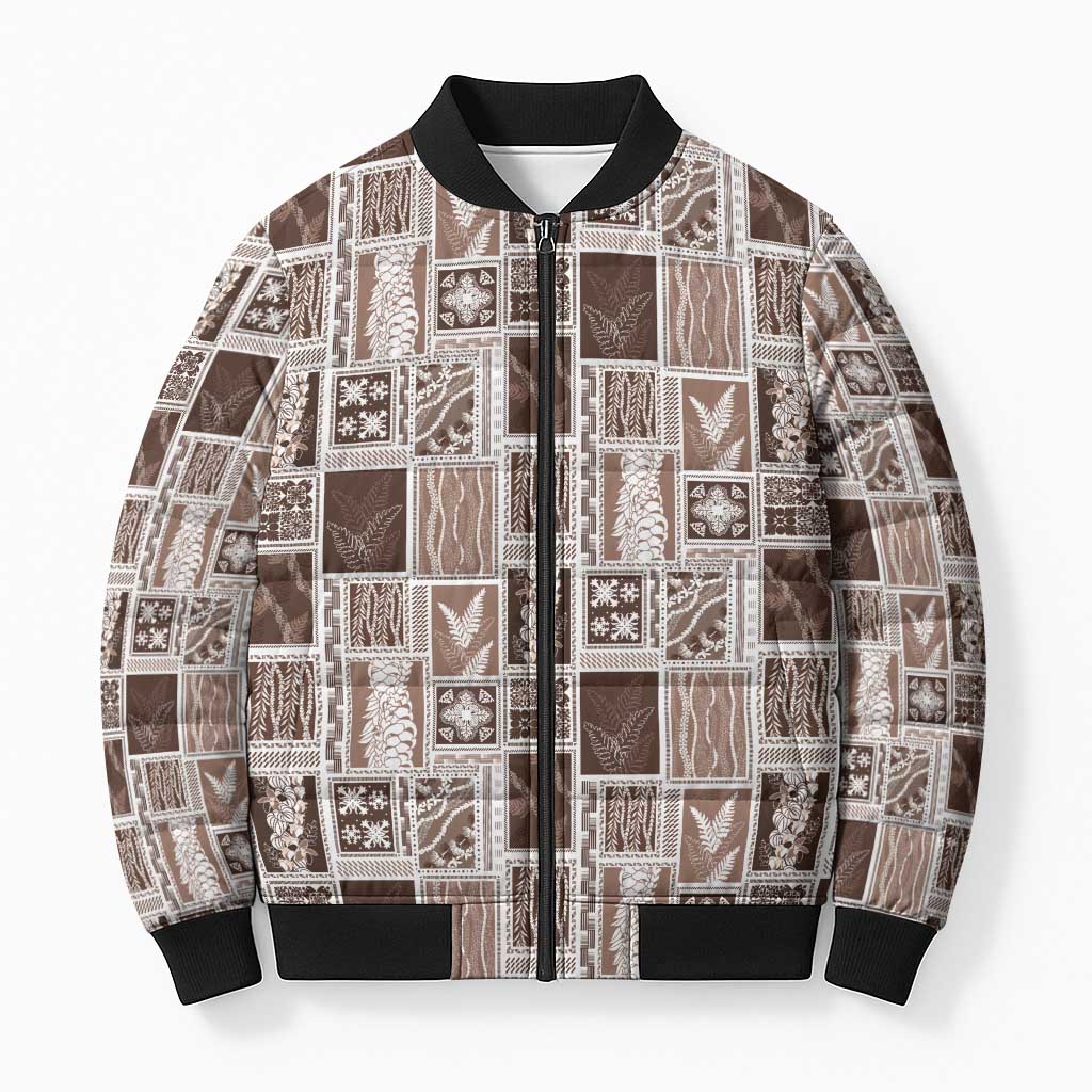 Vintage Aloha Block Quilt Bomber Puffer Jacket Beige Inspired Lei Motifs - Polynesian Pride