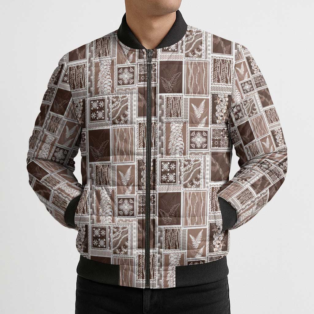Vintage Aloha Block Quilt Bomber Puffer Jacket Beige Inspired Lei Motifs - Polynesian Pride