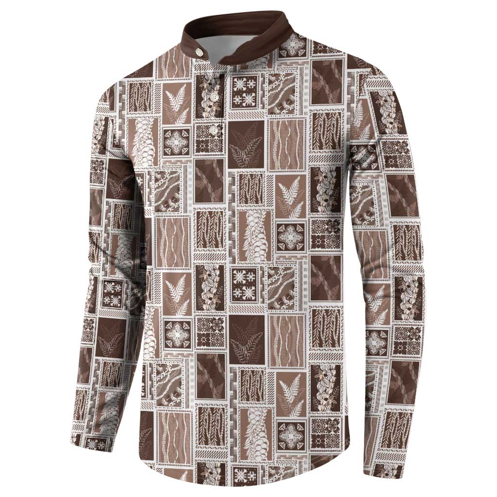 Vintage Aloha Block Quilt Button Sweatshirt Beige Inspired Lei Motifs - Polynesian Pride