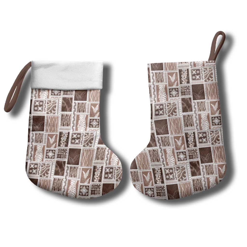 Vintage Aloha Block Quilt Christmas Stocking Beige Inspired Lei Motifs - Polynesian Pride