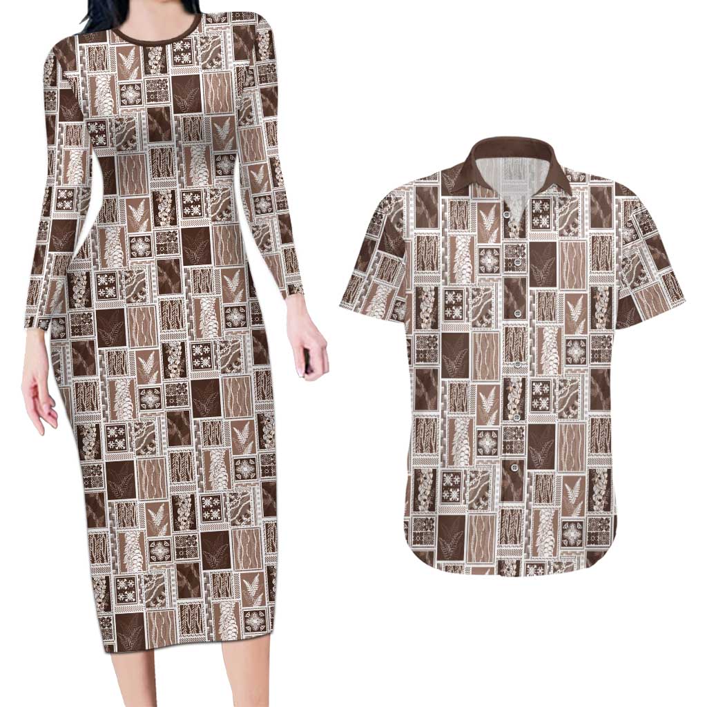 Vintage Aloha Block Quilt Couples Matching Long Sleeve Bodycon Dress and Hawaiian Shirt Beige Inspired Lei Motifs LT9 Beige - Polynesian Pride