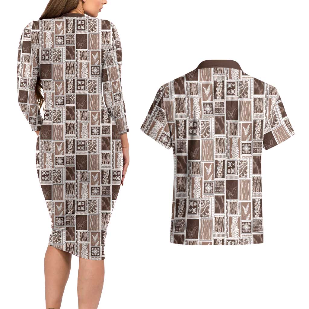 Vintage Aloha Block Quilt Couples Matching Long Sleeve Bodycon Dress and Hawaiian Shirt Beige Inspired Lei Motifs LT9 - Polynesian Pride