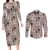 Vintage Aloha Block Quilt Couples Matching Long Sleeve Bodycon Dress and Long Sleeve Button Shirt Beige Inspired Lei Motifs LT9 Beige - Polynesian Pride