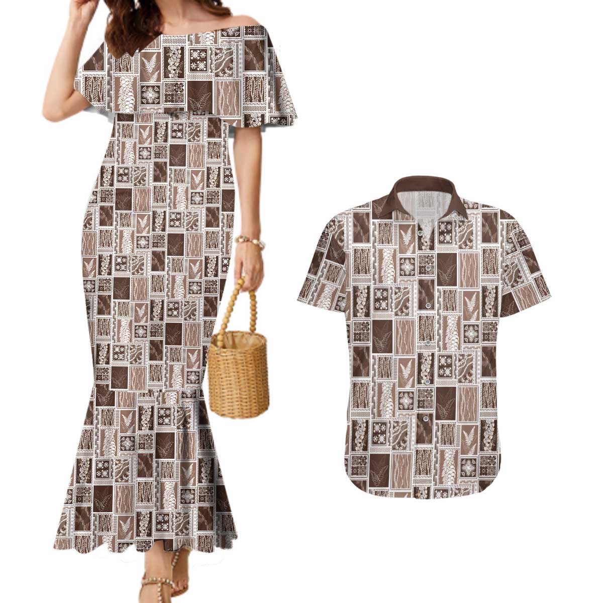Vintage Aloha Block Quilt Couples Matching Mermaid Dress and Hawaiian Shirt Beige Inspired Lei Motifs - Polynesian Pride