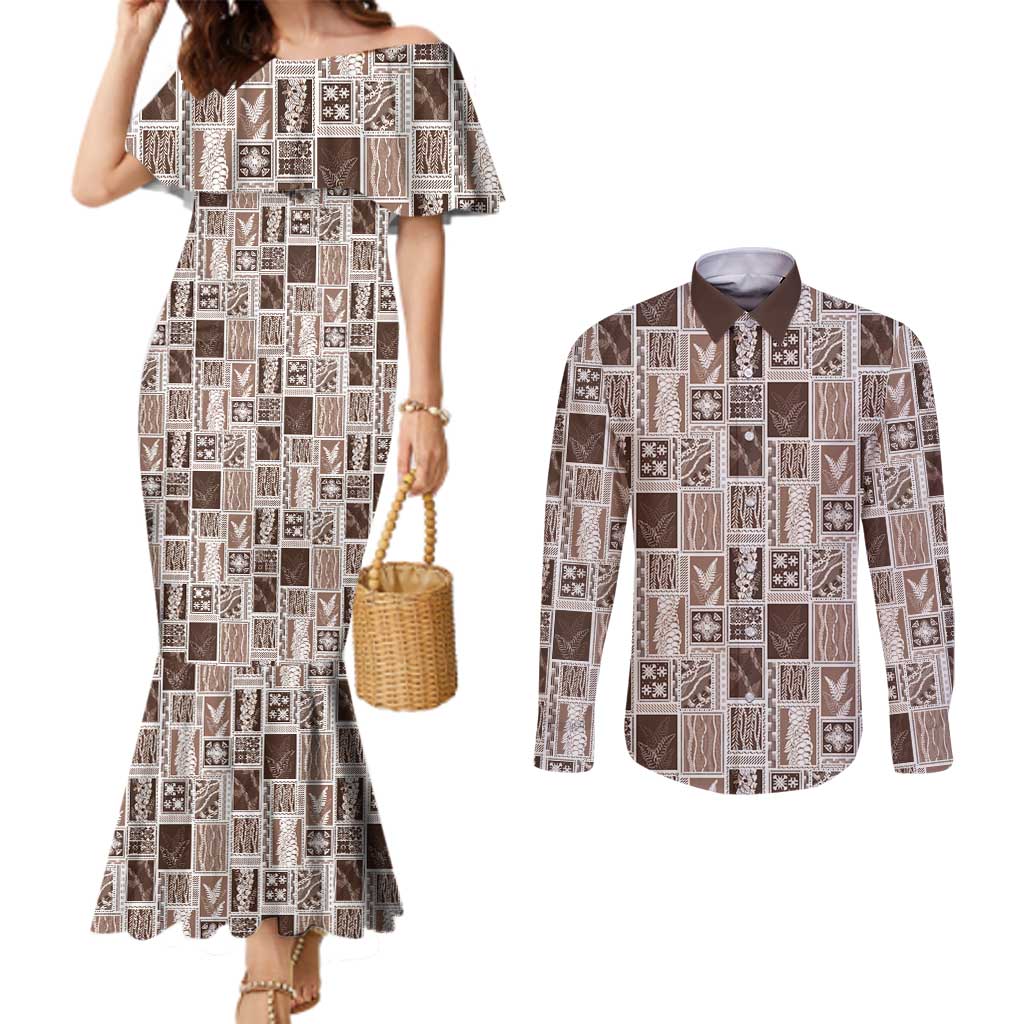 Vintage Aloha Block Quilt Couples Matching Mermaid Dress and Long Sleeve Button Shirt Beige Inspired Lei Motifs - Polynesian Pride
