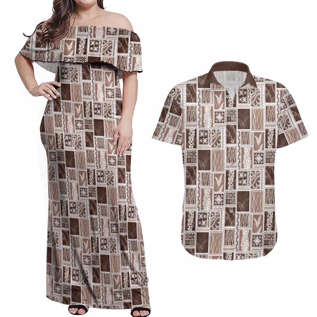 Vintage Aloha Block Quilt Couples Matching Off Shoulder Maxi Dress and Hawaiian Shirt Beige Inspired Lei Motifs LT9 Beige - Polynesian Pride
