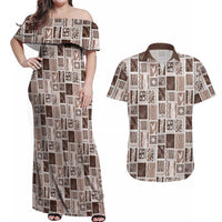 Vintage Aloha Block Quilt Couples Matching Off Shoulder Maxi Dress and Hawaiian Shirt Beige Inspired Lei Motifs LT9 Beige - Polynesian Pride