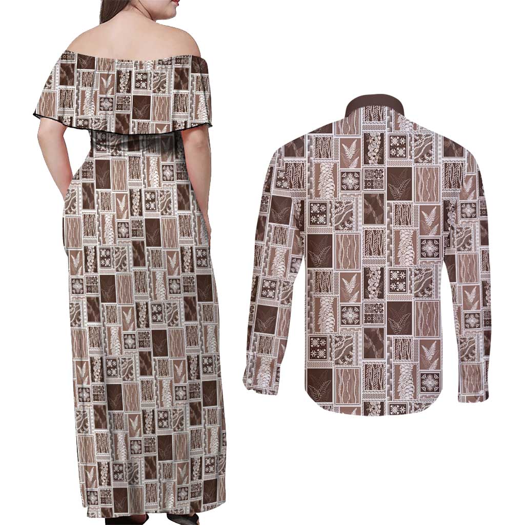 Vintage Aloha Block Quilt Couples Matching Off Shoulder Maxi Dress and Long Sleeve Button Shirt Beige Inspired Lei Motifs - Polynesian Pride