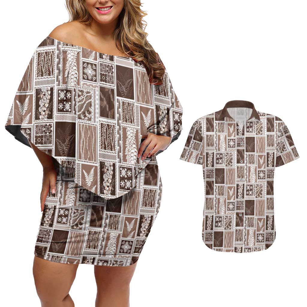Vintage Aloha Block Quilt Couples Matching Off Shoulder Short Dress and Hawaiian Shirt Beige Inspired Lei Motifs LT9 Beige - Polynesian Pride