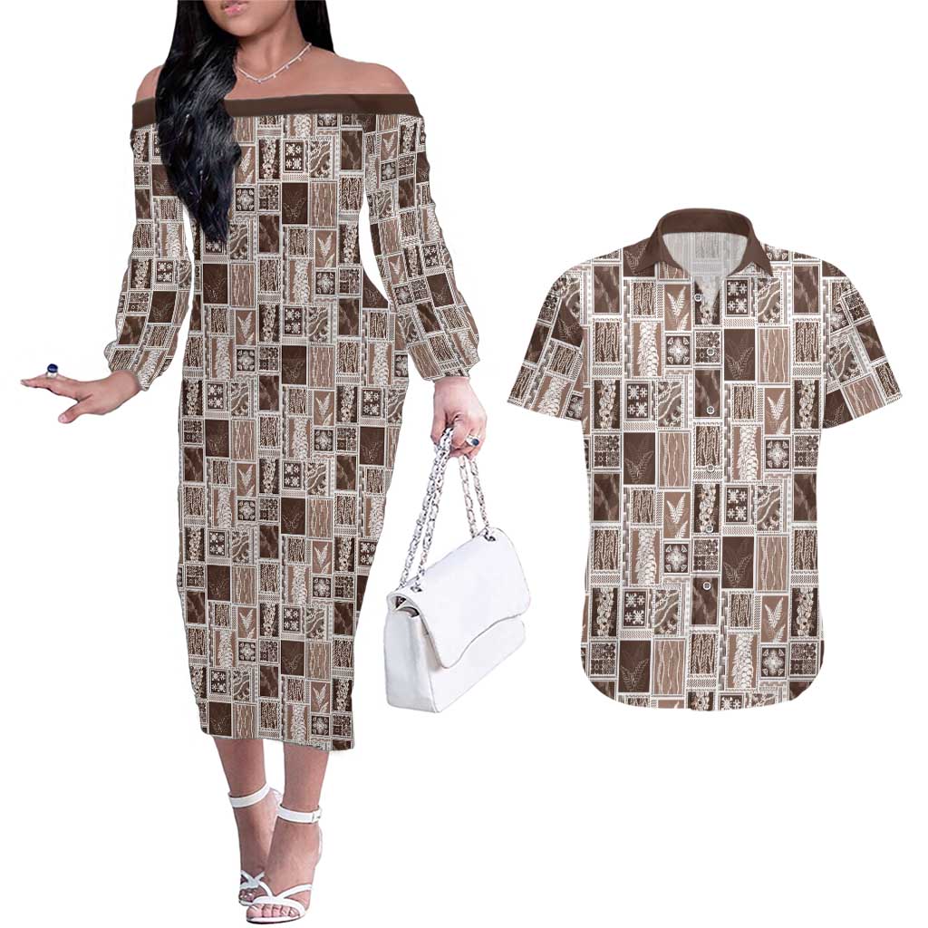 Vintage Aloha Block Quilt Couples Matching Off The Shoulder Long Sleeve Dress and Hawaiian Shirt Beige Inspired Lei Motifs LT9 Beige - Polynesian Pride