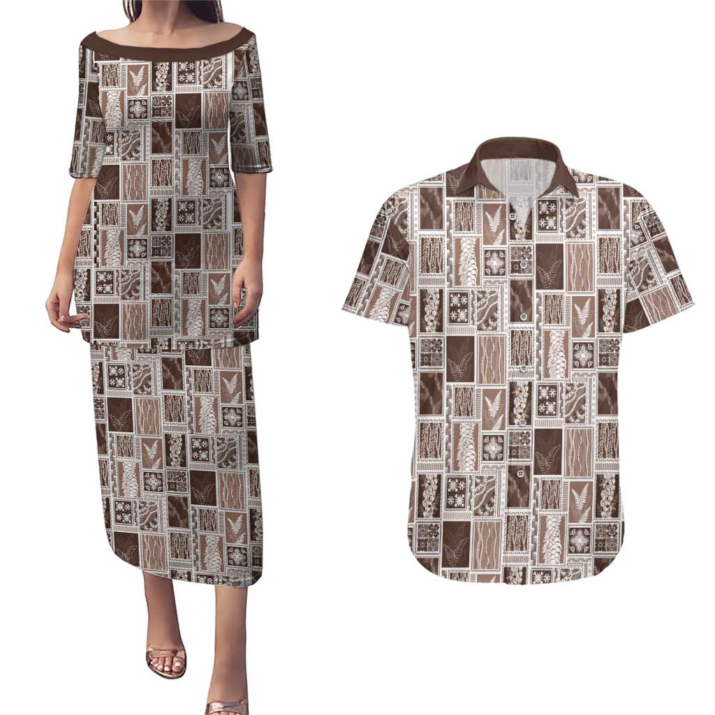 Vintage Aloha Block Quilt Couples Matching Puletasi and Hawaiian Shirt Beige Inspired Lei Motifs - Polynesian Pride