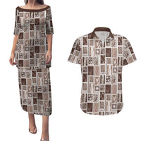 Vintage Aloha Block Quilt Couples Matching Puletasi and Hawaiian Shirt Beige Inspired Lei Motifs - Polynesian Pride