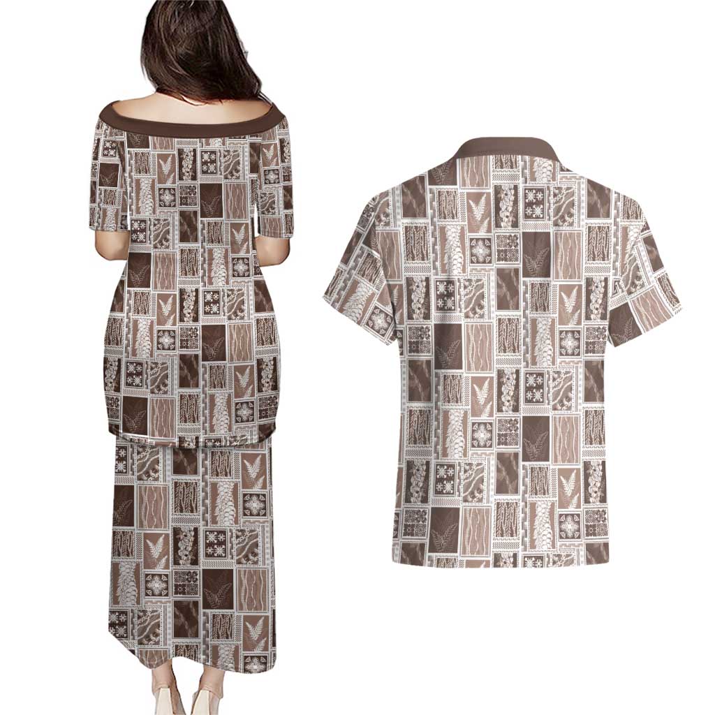 Vintage Aloha Block Quilt Couples Matching Puletasi and Hawaiian Shirt Beige Inspired Lei Motifs - Polynesian Pride