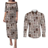 Vintage Aloha Block Quilt Couples Matching Puletasi and Long Sleeve Button Shirt Beige Inspired Lei Motifs - Polynesian Pride