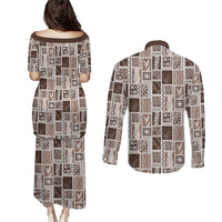 Vintage Aloha Block Quilt Couples Matching Puletasi and Long Sleeve Button Shirt Beige Inspired Lei Motifs - Polynesian Pride