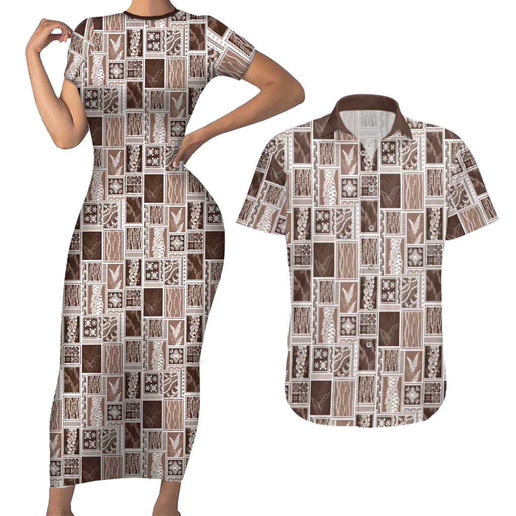 Vintage Aloha Block Quilt Couples Matching Short Sleeve Bodycon Dress and Hawaiian Shirt Beige Inspired Lei Motifs LT9 Beige - Polynesian Pride