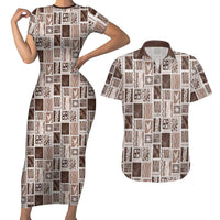 Vintage Aloha Block Quilt Couples Matching Short Sleeve Bodycon Dress and Hawaiian Shirt Beige Inspired Lei Motifs LT9 Beige - Polynesian Pride