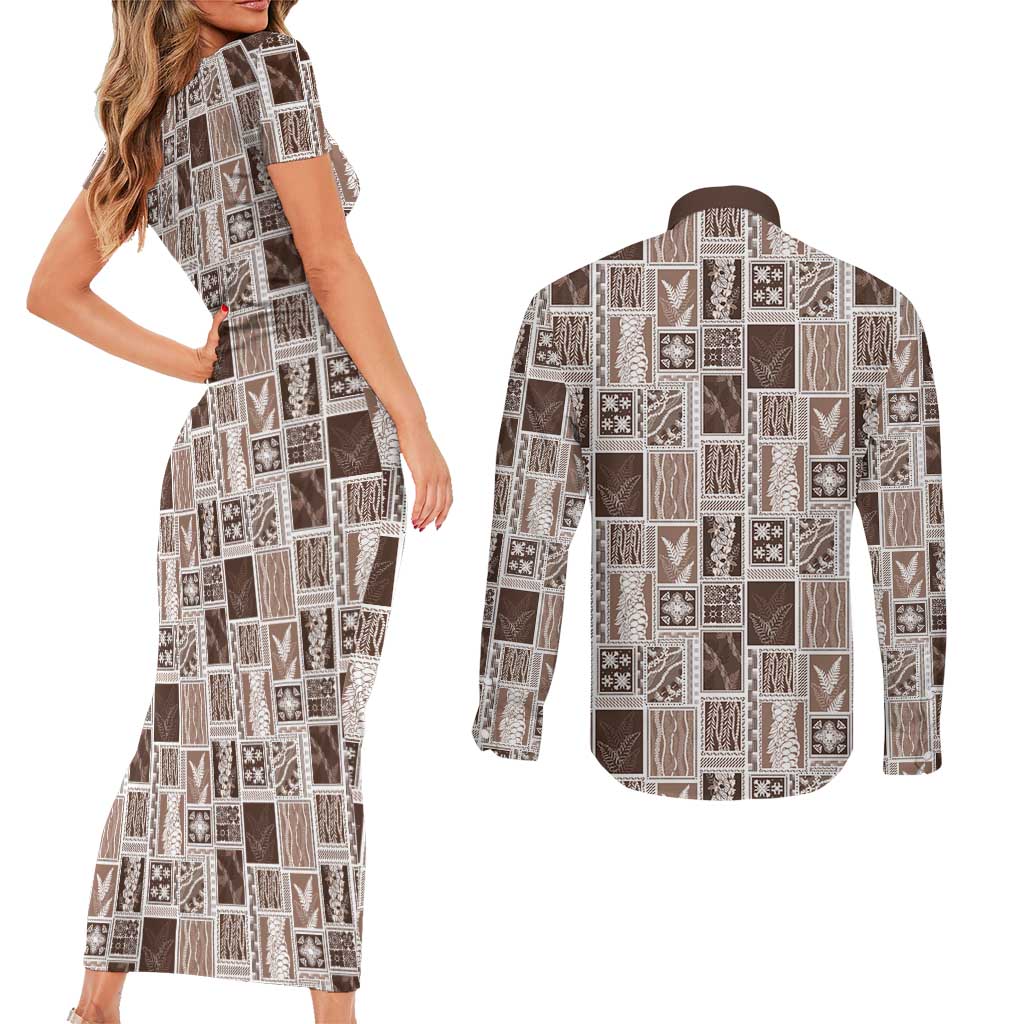 Vintage Aloha Block Quilt Couples Matching Short Sleeve Bodycon Dress and Long Sleeve Button Shirt Beige Inspired Lei Motifs LT9 - Polynesian Pride