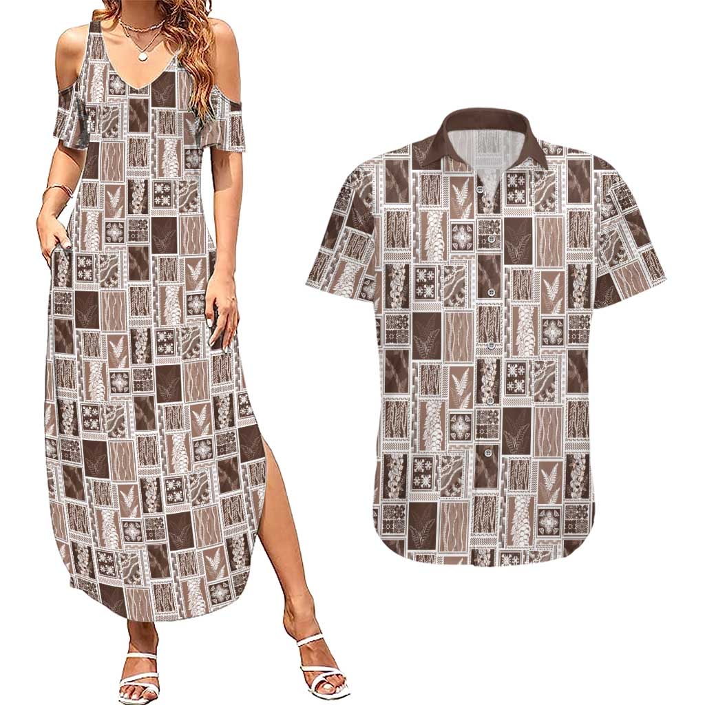 Vintage Aloha Block Quilt Couples Matching Summer Maxi Dress and Hawaiian Shirt Beige Inspired Lei Motifs LT9 Beige - Polynesian Pride