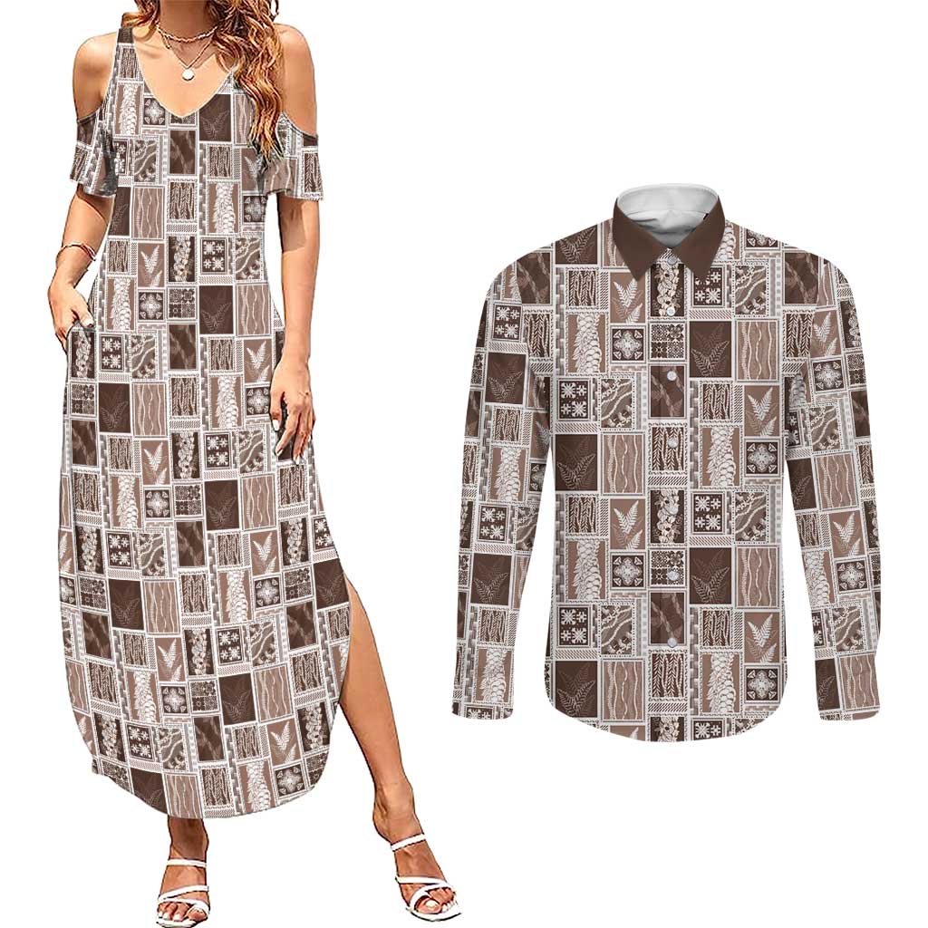 Vintage Aloha Block Quilt Couples Matching Summer Maxi Dress and Long Sleeve Button Shirt Beige Inspired Lei Motifs - Polynesian Pride