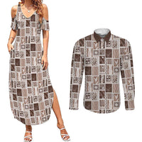 Vintage Aloha Block Quilt Couples Matching Summer Maxi Dress and Long Sleeve Button Shirt Beige Inspired Lei Motifs - Polynesian Pride