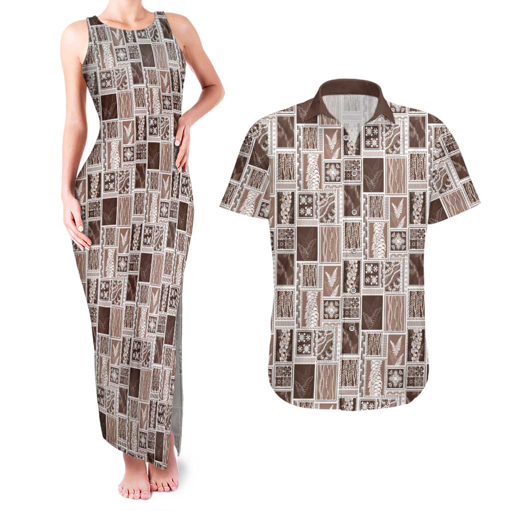 Vintage Aloha Block Quilt Couples Matching Tank Maxi Dress and Hawaiian Shirt Beige Inspired Lei Motifs LT9 Beige - Polynesian Pride