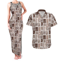 Vintage Aloha Block Quilt Couples Matching Tank Maxi Dress and Hawaiian Shirt Beige Inspired Lei Motifs LT9 Beige - Polynesian Pride