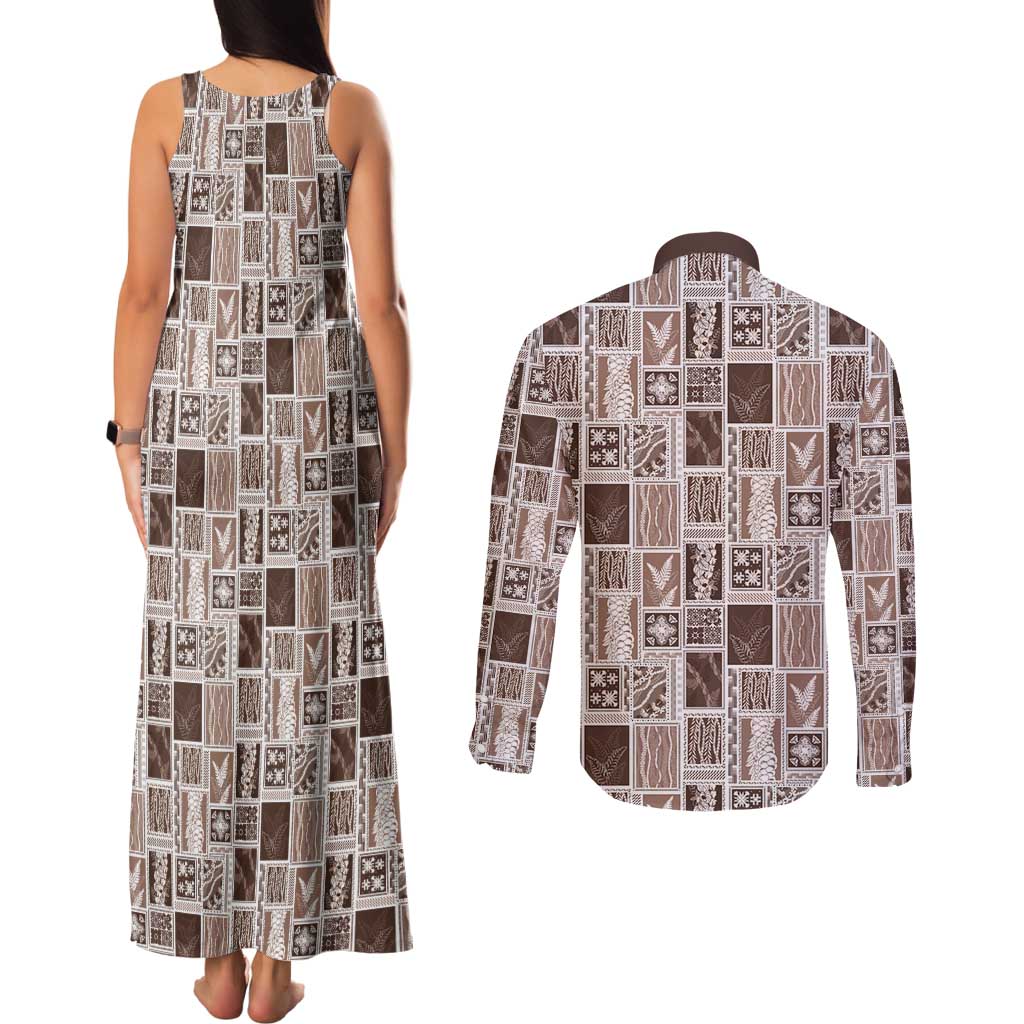 Vintage Aloha Block Quilt Couples Matching Tank Maxi Dress and Long Sleeve Button Shirt Beige Inspired Lei Motifs - Polynesian Pride