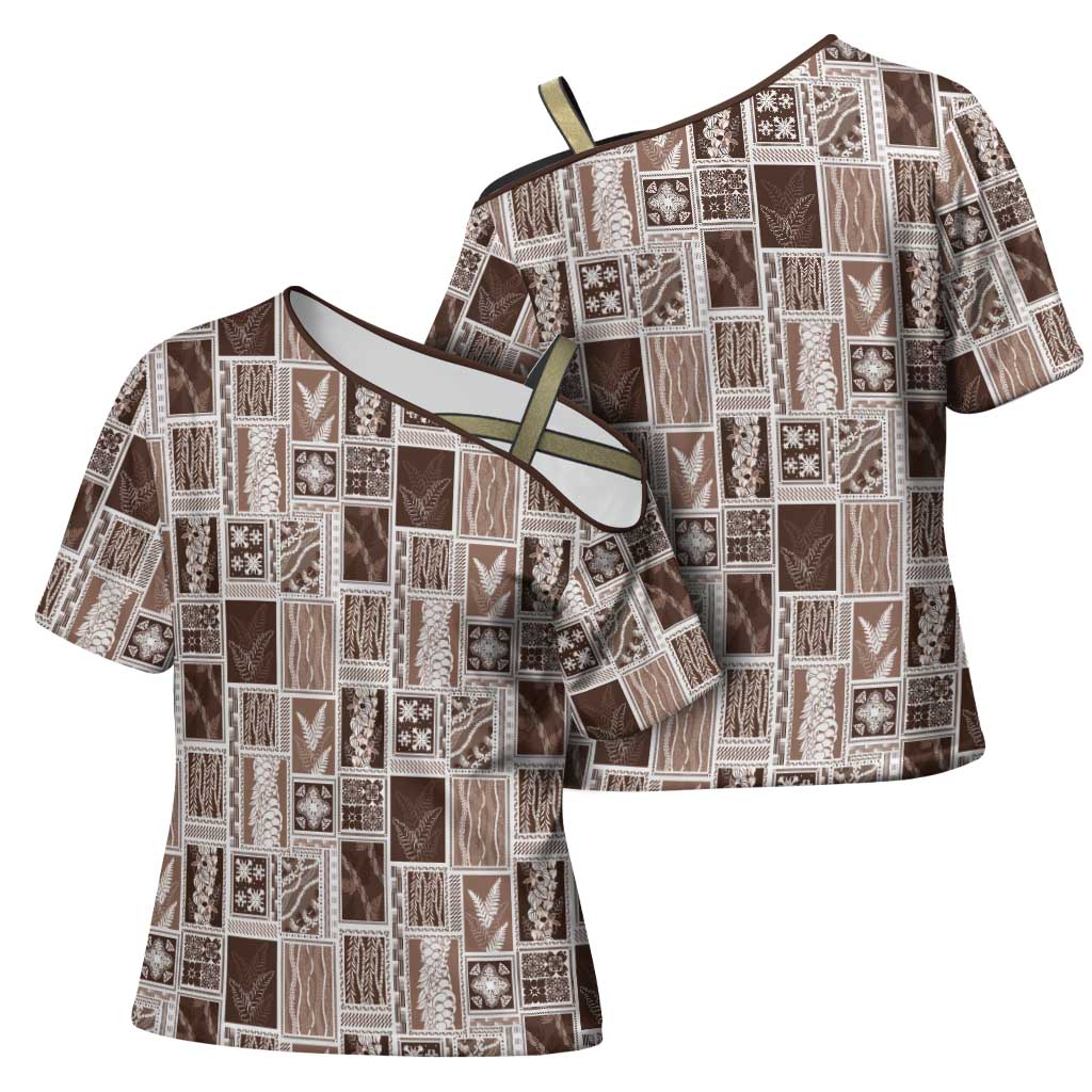Vintage Aloha Block Quilt Cross Shoulder Shirt Beige Inspired Lei Motifs - Polynesian Pride