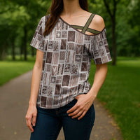 Vintage Aloha Block Quilt Cross Shoulder Shirt Beige Inspired Lei Motifs - Polynesian Pride