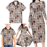 Vintage Aloha Block Quilt Family Matching Long Sleeve Bodycon Dress and Hawaiian Shirt Beige Inspired Lei Motifs LT9 - Polynesian Pride