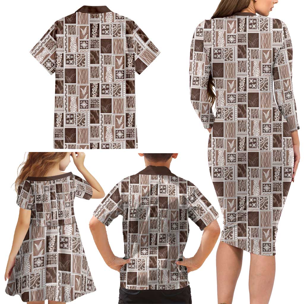 Vintage Aloha Block Quilt Family Matching Long Sleeve Bodycon Dress and Hawaiian Shirt Beige Inspired Lei Motifs LT9 - Polynesian Pride