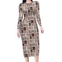 Vintage Aloha Block Quilt Family Matching Long Sleeve Bodycon Dress and Hawaiian Shirt Beige Inspired Lei Motifs LT9 Mom's Dress Beige - Polynesian Pride