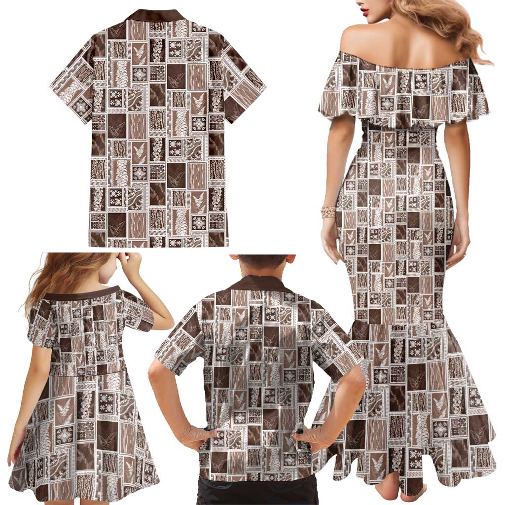 Vintage Aloha Block Quilt Family Matching Mermaid Dress and Hawaiian Shirt Beige Inspired Lei Motifs LT9 - Polynesian Pride