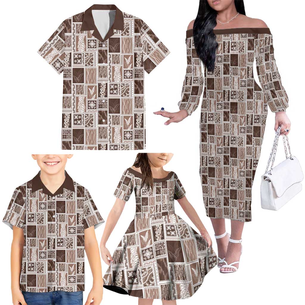 Vintage Aloha Block Quilt Family Matching Off The Shoulder Long Sleeve Dress and Hawaiian Shirt Beige Inspired Lei Motifs LT9 - Polynesian Pride